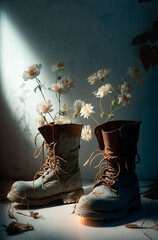 Generative AI illustration of Recycled Boots with Flowers