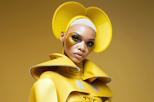 Generative AI illustration of confident eccentric black woman in yellow suit