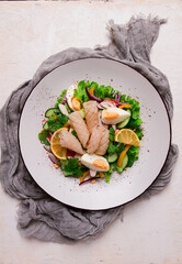 Salad of squid and vegetables, with egg, homemade, no people,