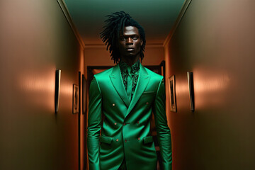 Generative AI illustration of black man wearing green silk suit