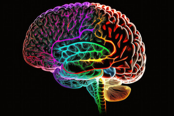 Neon illustration of human brain, generative AI