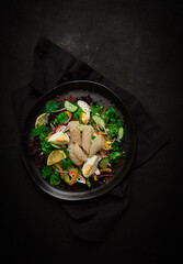 Salad of squid and vegetables, with egg, homemade, no people,