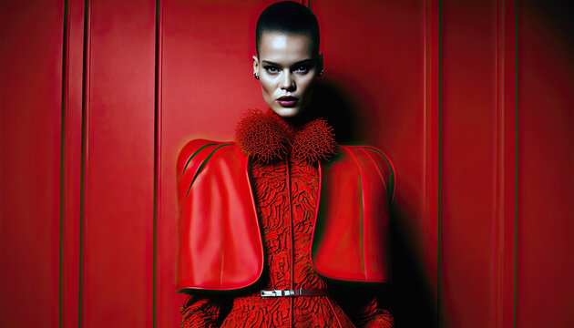 Generative AI illustration of woman wearing extravagant red suit