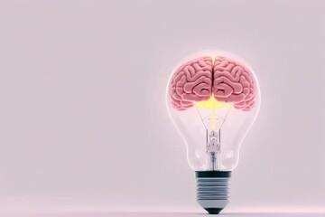 Brain inside the light bulb, Creative Ideas concept, Brain inside the light bulb, Three-dimensional rendering of the human brain inside a transparent light bulb