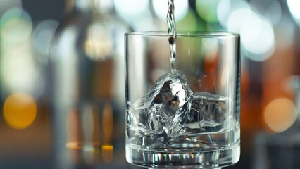 Super Slow Motion Detail Shot of Pouring Transparent Alcohol Liquid into Glass with Ice at 1000fps.