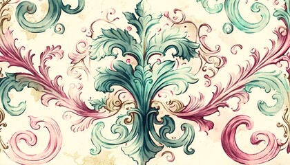  a painting of a floral design on a white wallpaper with blue, pink, and green swirls and leaves on the top of it.  generative ai