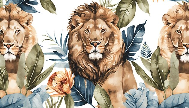  a watercolor painting of two lions surrounded by tropical leaves and flowers on a white background with blue and orange flowers and green leaves on the bottom.  generative ai