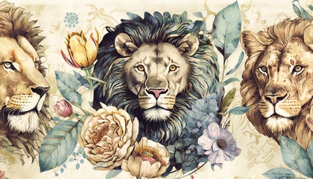  three lions surrounded by flowers and leaves on a white background with a floral design on the left side of the image, and on the right side of the image is a.  generative ai