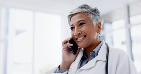 Senior woman, doctor phone call and medical communication in a hospital and healthcare clinic. Happiness, smile and conversation of a wellness worker with mockup in a doctors office for work - Powered by Adobe