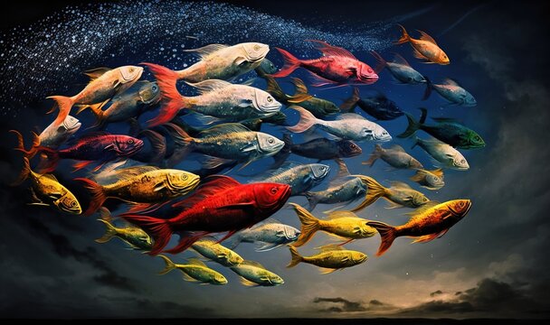  a group of fish floating in the air above a body of water with clouds in the sky behind them, all of which are multicolored.  generative ai