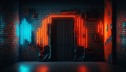 Empty futuristic club background with neon light and grunge brick walls.