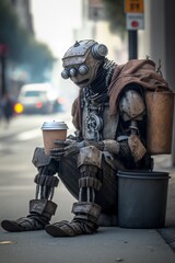 Homeless humanoid robot sits at the corner of the street