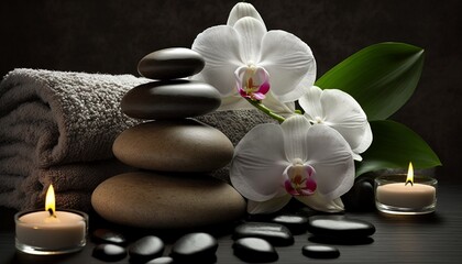 Fototapeta na wymiar Spa background setting with orchid, towels and massage stones
