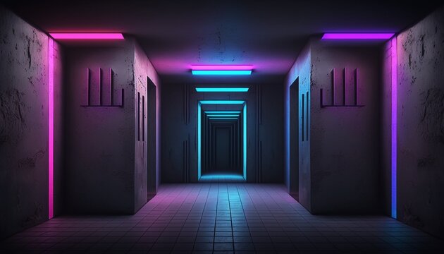 Empty futuristic club background with neon light and grunge walls.