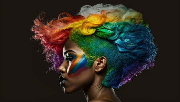 woman with rainbow colored hair style side portrait