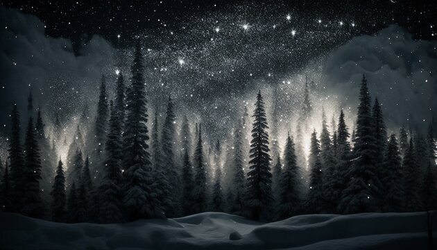 Winter forest under stars sky at night