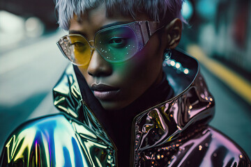 Generative AI illustration portrait of unemotional Asian woman with short dyed hair in fashionable holographic jacket and sunglasses standing on street