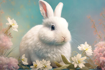 Cute Little White Easter Bunny Covered With Pastel Fresh Spring Flowers, Little Rabbit, Pastel Blue Background, Illustration, Easter Day, Generative Ai
