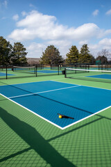 Pickleball Court Complex with Paddle and Yellow Ball
