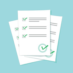 Paper document. Form for exam with checklist. Paperwork with test report. List of check questionnaire and survey. Sheets of contract with agreement. Icon for quiz. Answer. - obrazy, fototapety, plakaty