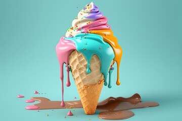 Melting ice cream cone. Generative Ai