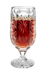 Glass ruby sweet wine retro design, Marsala wine in goblet glass decorated with engravings
