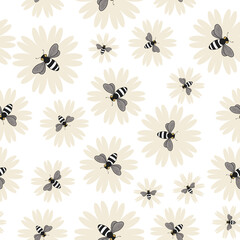 seamless repeat pattern with simple honey bees on a cream floral motif on a white background perfect for fabric, scrap booking, wallpaper, gift wrap projects
