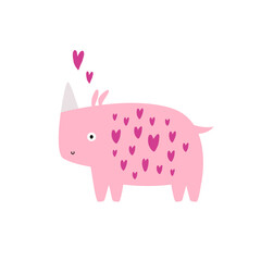 Vector illustration of a pink rhino in hearts in a modern trendy flat style.