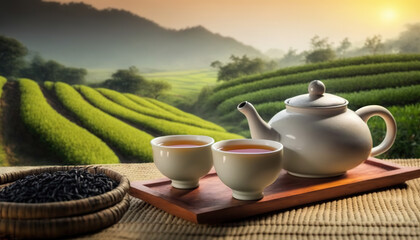 Teapot with two cups of tea on background of tea plantation. Copy space. Based on Generative AI  - obrazy, fototapety, plakaty