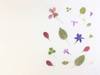 Obraz premium Art set of dry herbarium flowers and leaves on white paper