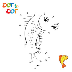 Connect The Dots and Draw Cute Cartoon fish. Educational Game for Kids. Vector Illustration.