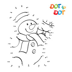Connect The Dots and Draw Cute Cartoon snowman. Educational Game for Kids. Vector Illustration.