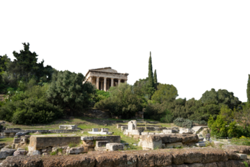 View of the temple of Hephaestus in the archaeological site of the ancient Agora, in the city center with a transparent background