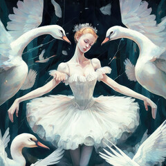 Ballerina dancing ballet Swan Lake, illustration, created with Generative AI technology.