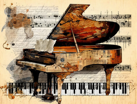 Abstract mixed media collage of a grand piano.  Illustration created with Generative AI technology.