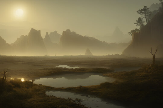 Foggy mountain and pond view in a deserted and barren place, created with Generative AI technology