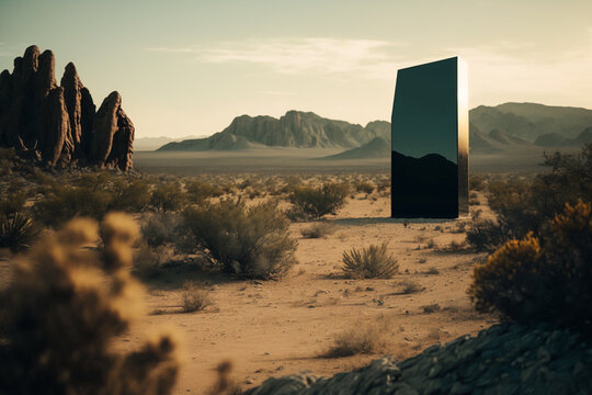 digital illustration of a mysterious alien monolith in the desert, created with generative ai