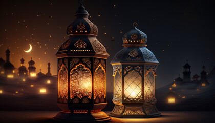 Ramadan Lanterns under the night sky. Generative AI