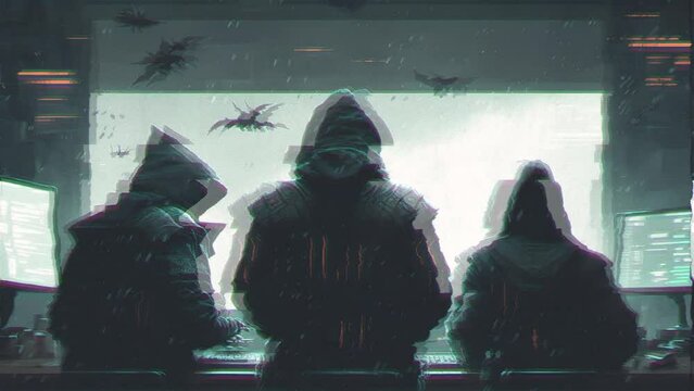 being part of a network of hackers who work together to expose corporate corruption and government conspiracies, glitch cyberpunk animation, AI generation.