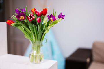 Spring tulip bouquet.  Holiday decor with flowers colorful tulips.