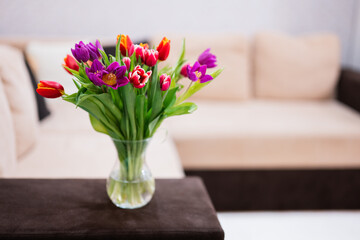 Spring tulip bouquet.  Holiday decor with flowers colorful tulips.