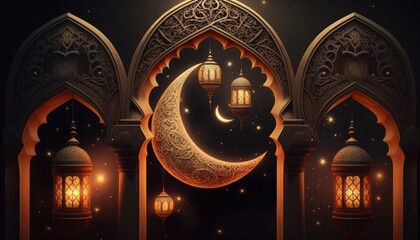 Ramadan crescent moon and lanterns background. Generative AI