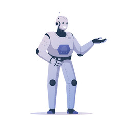 Vector illustration of a modern robot that smiles and demonstrates something with its hand. High-tech robot capable of performing various tasks. Technological possibilities in the field of robotics.