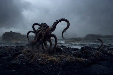 Fototapeta premium Behold the Mighty Cthulhu: A Breathtaking Stock Photo of a Giant Octopus Emerging from the Icy Waters of Iceland, Perfect for Fantasy, Horror, created with Generative AI technology