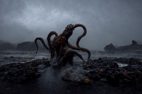 An Enigmatic Wonder of Nature: A Captivating Photograph of a Giant Octopus Surfacing from the Mysterious Depths of Iceland, Perfect for Adding Drama and Intrigue, created with Generative AI technology