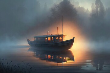 Fog on lake, a lonely boat near the shore at evening sunset.