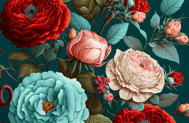 Lush floral illustration on a botanical wallpaper background, perfect for interior design projects, home decor, pattern design, textiles, and floral art., created with Generative AI technology
