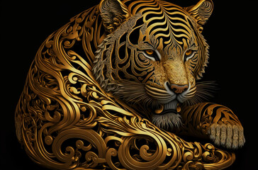 Regal Elegance in Golden Hue: A Majestic Stock Photo of Highly Detailed Tiger Decoration, Perfect for Luxury Designs, Wall Art, and Exotic Themed Projects, created with Generative AI technology