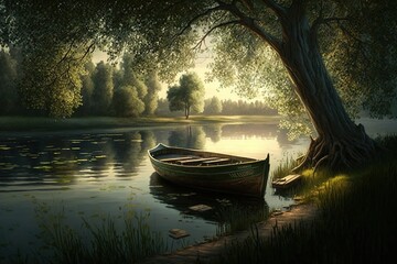 A lonely boat near the shore of a beautiful lake. A bridge on an island.