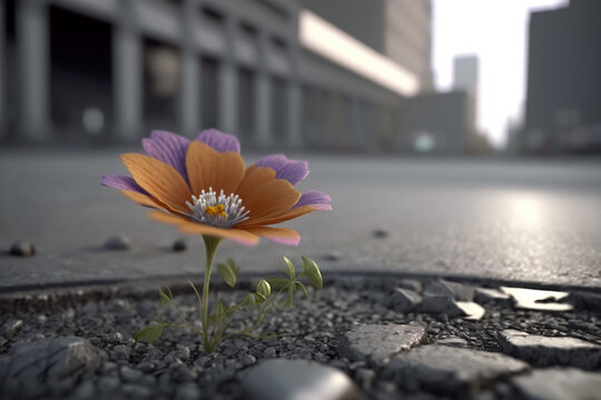 flower growing in the middle of the asphalt of the big city, Generative AI